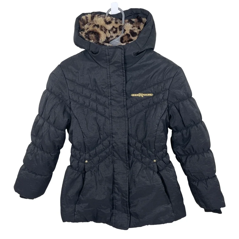 Zero Xposur Girls Black Puffer Jacket‎ Hooded Leopard Trim Coat - S